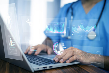 Doctor using AI-powered dashboard on laptop to analyze patient data, streamline workflow, and enhance medical decision-making accuracy