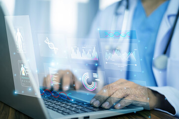 Doctor typing on laptop with virtual AI health interface, managing patient data securely and improving decision-making through automation