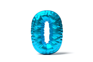 Blue foil balloon number zero floating on white background