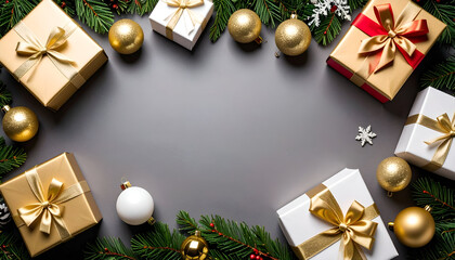 A festive Christmas flat lay with gold and silver ornaments, white and gold gift boxes, and pine branches creating a border on a stylish gray background.