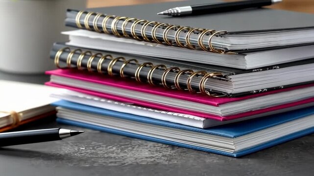 Creative workspace with stacked notebooks and a pen on a desk