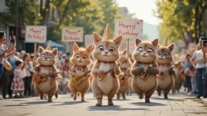 A whimsical birthday parade of charming animated cats celebrating on a sunny street