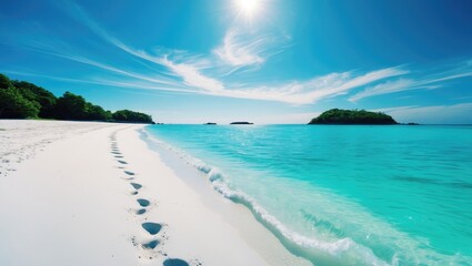 Tropical beach with white sand, clear turquoise water, and lush green islands, under a bright sun in a vibrant sky.