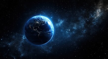 Naklejka premium Earth in space with glowing blue atmosphere, surrounded by stars and galaxies, showcasing cosmic beauty and the universe’s vastness.