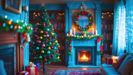 Christmas interior with decorated tree and fireplace, cozy holiday home, festive decorations, warm atmosphere.