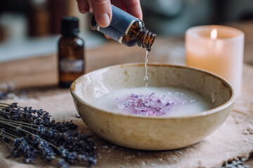 Natural candle making at home showing person adding lavender essential oil into melted wax with ingredients and tools on soft light background
