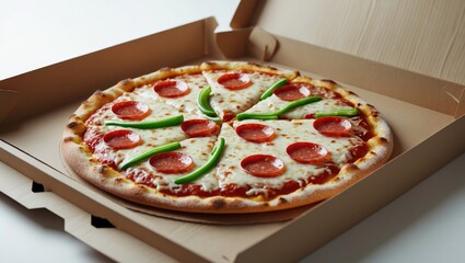 Pizza in a box with pepperoni and green peppers. Comfort food, fast food, and takeout. The concept of pizza and quick meals.