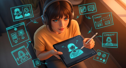 Creative Woman Design Sketches On Tablet For Digital Project Design Software