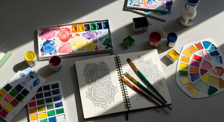 Creative Watercolor Workspace With Sketchbook And Painting Equipment In Sunny Ambiance