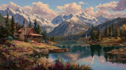 Fototapeta premium Rustic Mountain Cabin Lakeside Scenic View