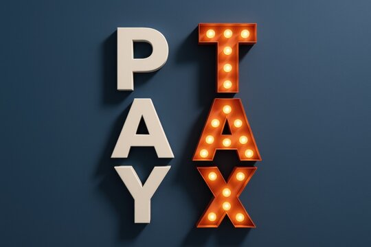 PAY TAX: The letters PAY TAX illuminated against a dark background, evoking a sense of financial responsibility and obligation.