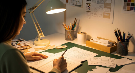 Creative Woman Working On a Storyboard Project Under Warm Light