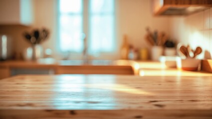 A cozy kitchen scene with a wooden countertop, blurred background, natural sunlight coming through windows, and kitchen utensils and utensils on the counter.