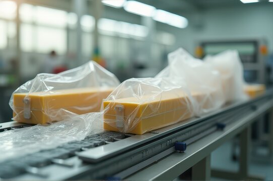 blocks of yellow cheese wrapped in plastic on conveyor belt in modern food processing facility. industrial packaging and production concept. industry, manufacturing, automation.