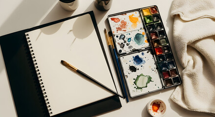 Creative Workspace Flat Lay Art Materials Arranged on White Desk Artistic Hobby