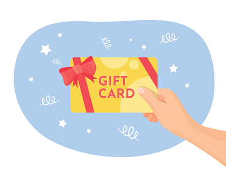 Hand hold gift card. Arm give voucher, discount coupon red ribbon bow club membership cards member perks client privilege customer easy purchase advertising vector illustration