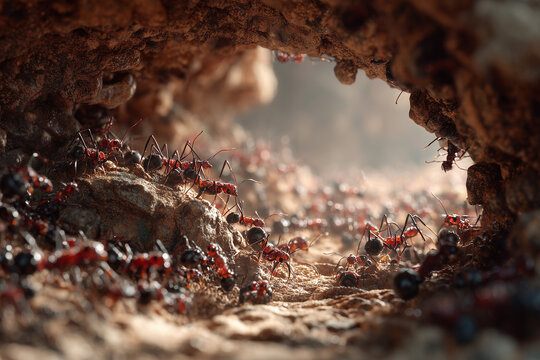 Close-up macro shot of ants inside their underground nest, captured with dramatic lighting and depth. A dynamic and immersive look into the world of insects.

