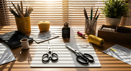 Creative Workspace With Crafting Material At Sunlit Desk For Artistic Projects