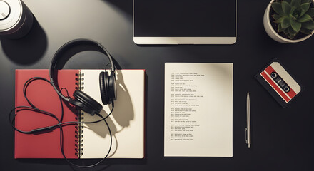 Creative Workspace With Headphones, Notebook, Device, Cassette And Desk Objects