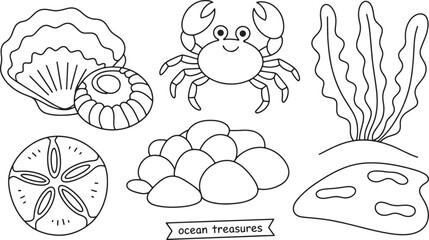 Ocean Treasures Line Art Collection Seashells Crab and Seaweed on Transparent Background