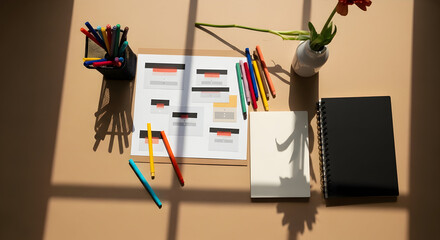 Creative Workspace With Sketches Notebooks And Colored Pencils Top View