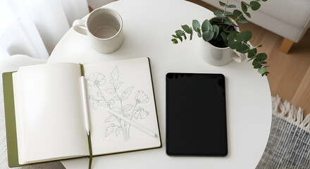 Creative Workspace With Sketchbook Tablet And Coffee Mug On White Table