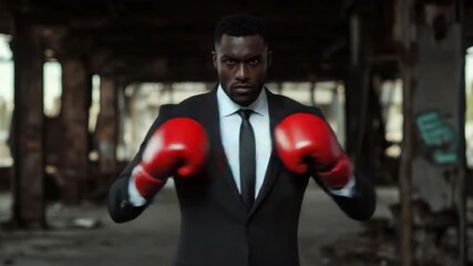 Businessman in Suit Wearing Red Boxing Gloves in Abandoned Industrial Setting Ready for Challenge 4k video footage - Powered by Adobe