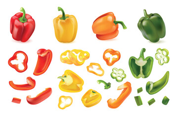 Realistic bell pepper. 3d peppers red green yellow paprika isolated ripe sweet vegetable slice veggie food peper farm vegetables capsicum set, isolated exact vector illustration
