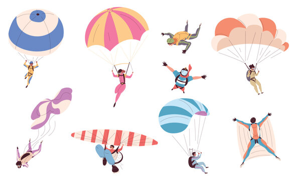 Parachutists. Man woman jump with parachute, parachutist or skydiver in sky paratrooper free fall skydive air diving adrenaline adventure paraglider, set classy vector illustration