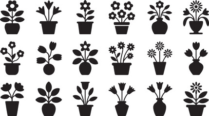 Potted Plant Vector Silhouette Collection - Assorted Flower Pots for Decoration and Design