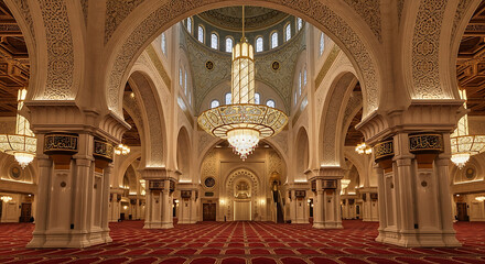 Interior view of a mosque featuring ornate columns, a chandelier, and patterned carpet design