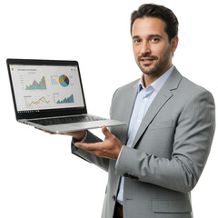 Isolated Photo Businessman Gray Suit Holding Laptop Showing Graphs