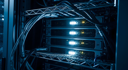 Data Center Servers Running With Cables In A Rack For Network Solutions