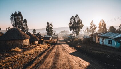 Sunrise over an African village.  Dirt road leads through homes