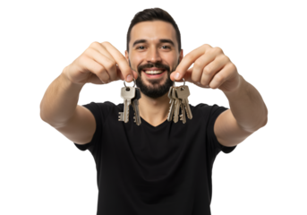 Isolated Photo of Man Holding Keys on Transparent Background