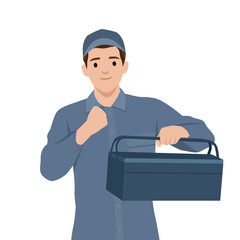 Cheerful mechanic wearing a uniform and cap, confidently holding a toolbox. Flat vector illustration isolated on white background