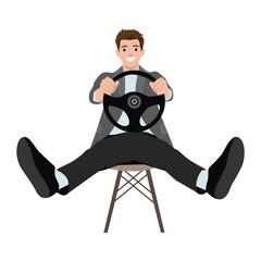 Man sitting on a chair with his legs stretched out, playfully holding a steering wheel as driving. Flat vector illustration isolated on white background