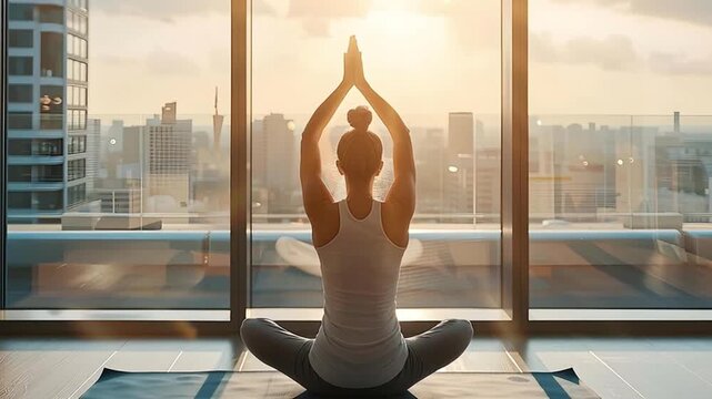 Yoga exercise and meditation for fitness in city apartment at sunrise with peaceful calm atmosphere and woman practicing lotus pose on mat indoors