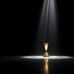 **A Golden Trophy With Smooth Metallic Polish Stands On A Clean, Reflective Black Floor, Under A Sharp Studio Spotlight From Above. The Light Forms A Focused Circular Halo Around The Base While Produc