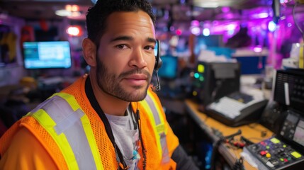 Skilled technician working in a control room at a high-tech facility with vibrant lighting and advanced equipment