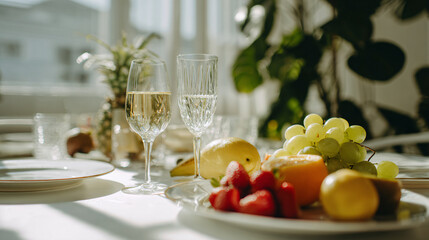  Brunch Table with Champagne and Fresh Fruits in Sunlight