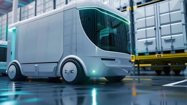 Autonomous electric delivery vehicles operate inside modern warehouse featuring futuristic logistics technology and sleek design with advanced