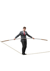 Isolated Businessman Balancing on a Tightrope