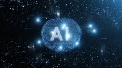 AI artificial intelligence human brain with binary code numbers background illustration.