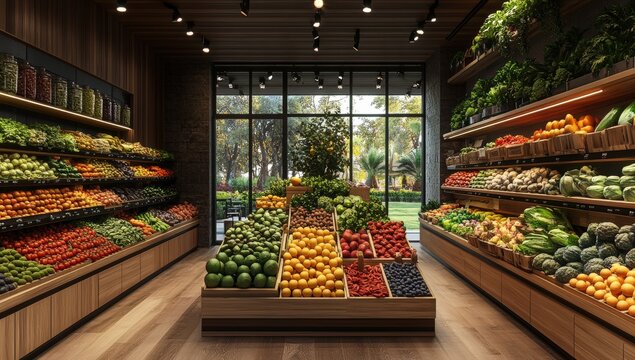 A well-organized, modern grocery store aisle filled with fresh fruits and vegetables displayed on wooden shelves and tables, with a large window showing greenery outside.