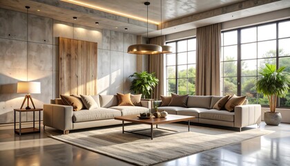 Living Room Interior with Large Windows and Modern Furniture