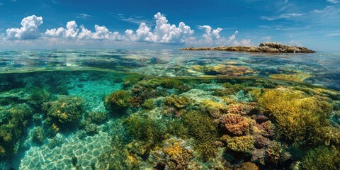 Obraz premium Vibrant coral reef teeming with marine life, crystal-clear water, and a vibrant blue sky