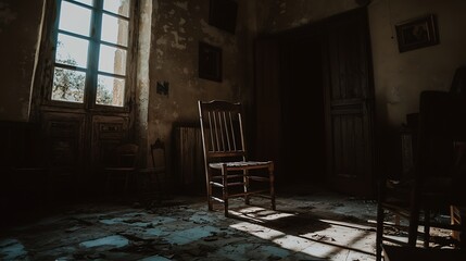 Isolated wooden chair illuminated by strong sunlight in sparse room, taken with full-frame camera, 50mm lens, high contrast shadows emphasizing emptiness and texture