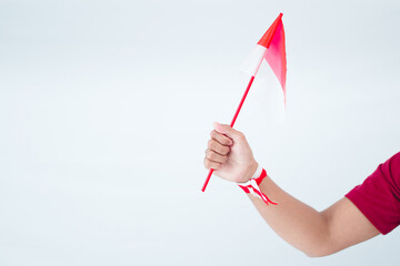 Hand Holding Small Red And White Flag