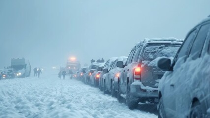 Long line of vehicles stuck in heavy snow during a blizzard, with limited visibility and people walking through the harsh winter conditions.